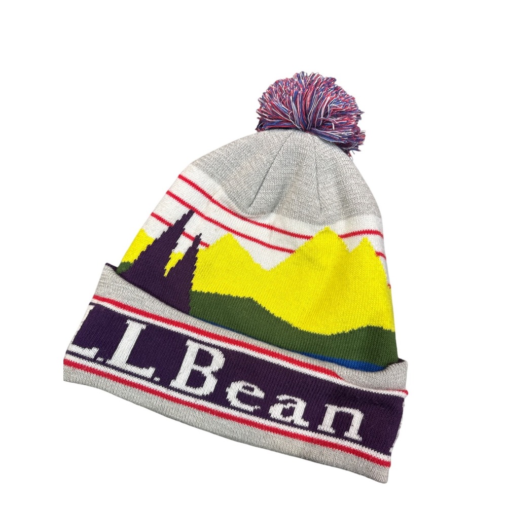 LL Bean Mountain Landscape Pom Beanie Grey Purple Yellow‎ Unisex Adult